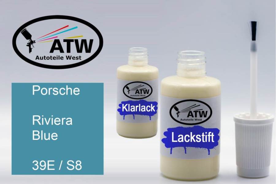 Porsche, Riviera Blue, 39E / S8: 20ml Lackstift + 20ml Klarlack - Set, von ATW Autoteile West.